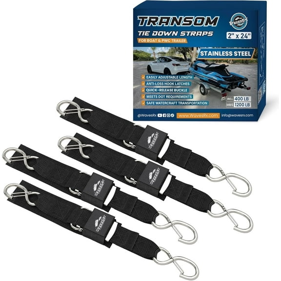 Stainless Steel Boat Tie Down Straps to Trailer (4PK) - 2" x 24" Heavy Duty Transom Tie Down Strap - Boat Trailer Transom Straps