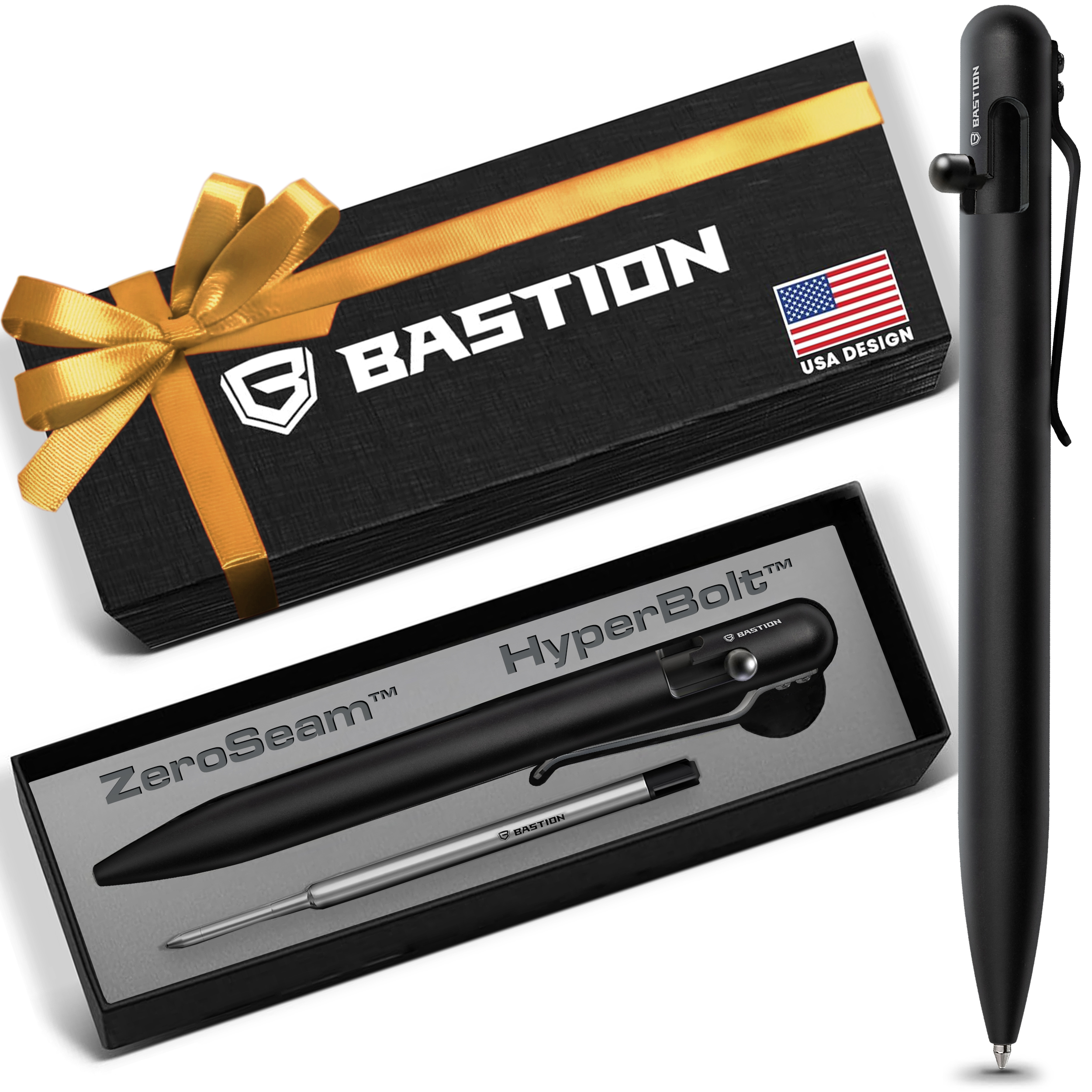 Bastion Stainless Steel Bolt Action Pen, Jet Black, Ballpoint Refillable, 1 Count