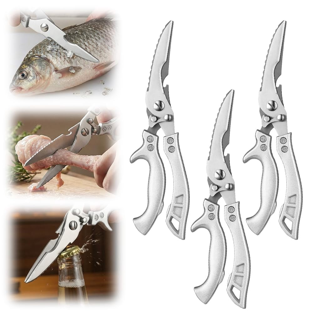 Stainless Steel Bone-Cut Kitchen Scissors - 2026 New Multifunctional 3-in-1 Heavy Duty Kitchen Scissors for Food with Non-Slip Handles, Safety Lock, Spring Loaded for Chicken Fish Vegetables