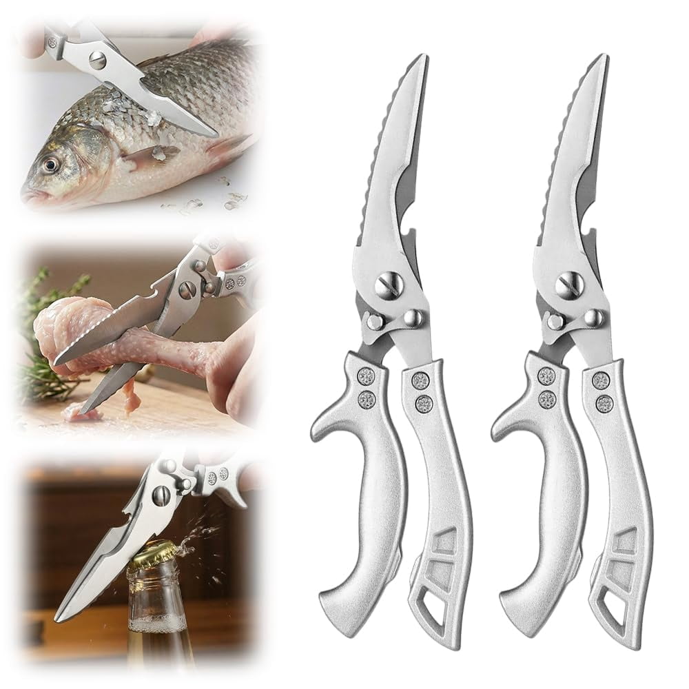 Stainless Steel Bone-Cut Kitchen Scissors - 2026 New Multifunctional 3-in-1 Heavy Duty Kitchen Scissors for Food with Non-Slip Handles, Safety Lock, Spring Loaded for Chicken Fish Vegetables