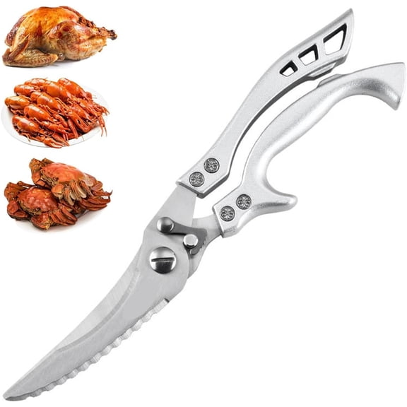 Stainless Steel Bone-Cut Kitchen Scissors, Heavy Duty Bone Cutting Scissors with 2-in-1 Safety Lock & Spring-Loaded Handle Design, for Chicken, Meat, Fish, Vegetables (White)