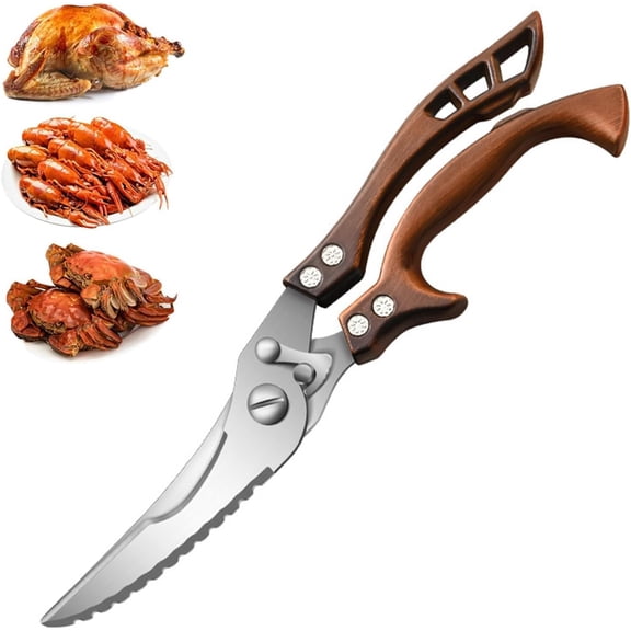 Stainless Steel Bone-Cut Kitchen Scissors, Heavy Duty Bone Cutting Scissors with 2-in-1 Safety Lock & Spring-Loaded Handle Design, for Chicken, Meat, Fish, Vegetables (Copper)