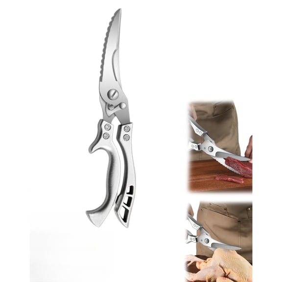 Stainless Steel Bone-Cut Kitchen Scissors, Heavy Duty Poultry Shears with Spring Loaded Handle, Multi-Function Snips for Chicken, Meat, Fish, Veg