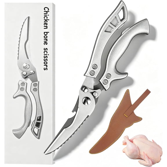 Stainless Steel Bone-Cut Kitchen Scissors – Heavy Duty All Purpose Food Scissors with Spring Assist, Non-Slip Grip & Safety Lock for Poultry, Seafood & Meal Prep
