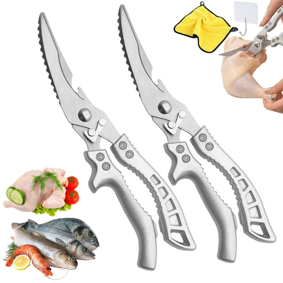 Stainless Steel Bone-Cut Kitchen Scissors - Multipurpose Heavy Duty Poultry Shears, Bone Cutting Scissors with Safety Lock & Non-Slip Grip for Chicken Meat Fish Vegetables,A 2Pcs