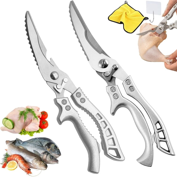 Stainless Steel Bone-Cut Kitchen Scissors - Multipurpose Heavy Duty Poultry Shears, Bone Cutting Scissors with Safety Lock & Non-Slip Grip for Chicken Meat Fish Vegetables (AB)