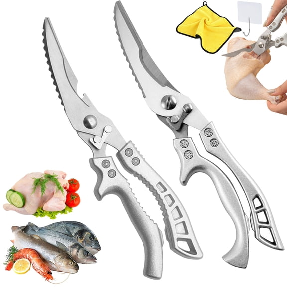 Stainless Steel Bone-Cut Kitchen Scissors - Multipurpose Heavy Duty Poultry Shears, Bone Cutting Scissors with Safety Lock & Non-Slip Grip for Chicken Meat Fish Vegetables, AB