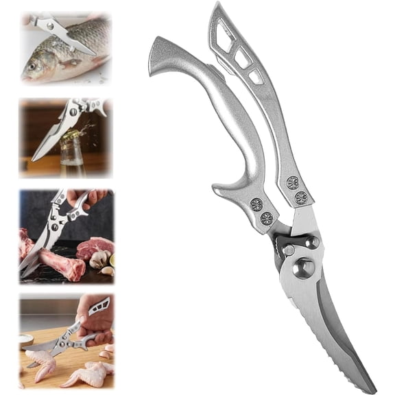 Stainless Steel Bone-Cut Kitchen Scissors, Poultry Shears with Spring Loaded Handle, Heavy Duty Kitchen Scissors for Meat Chicken Bone Fish Turkey Vegetables Seafood (1PCS)