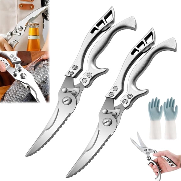 Stainless Steel Bone-Cut Kitchen Scissors, Powerful Chicken Bone Scissors with Non-slip Handle & Safety Lock, Multifunctional Chicken Duck Fish Cutter Shears (2 PCS)