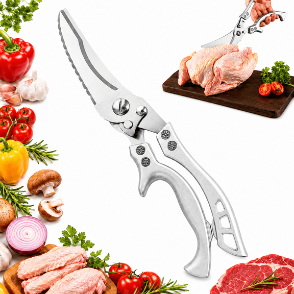 Stainless Steel Bone-Cut Kitchen Scissors, Powerful Chicken Bone Scissors with Non-slip Handle & Safety Lock, Multifunctional Chicken Duck Fish Cutter Shears (1 PCS)