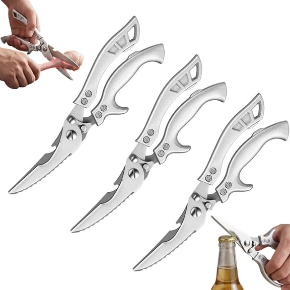 Stainless Steel Bone Cut Kitchen Scissors, Upgrade Heavy Duty Poultry Shears with Safety Lock, Bottle Opener and Spring Loaded Handle, Multi Function Snips for Chicken Meat, Fish, Vegetables