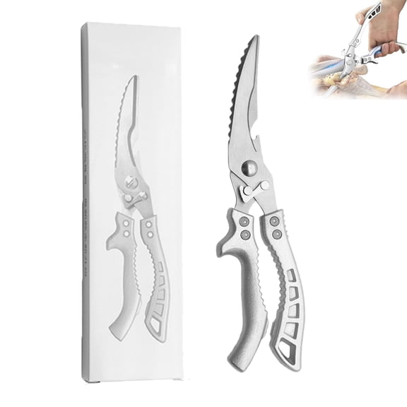 Stainless Steel Bone Cut Kitchen Scissors with Anti-Slip Handles, Poultry Chicken Bone Shears with Auto-Rebound & Safety Lock for Fish or Meat