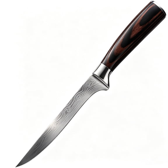 Stainless Steel Boning Knife, Full Tang Laser Damascus Pattern Kitchen Knife, Wood Handle Ultra Sharp Fillet Knife for Meat Fish Processing