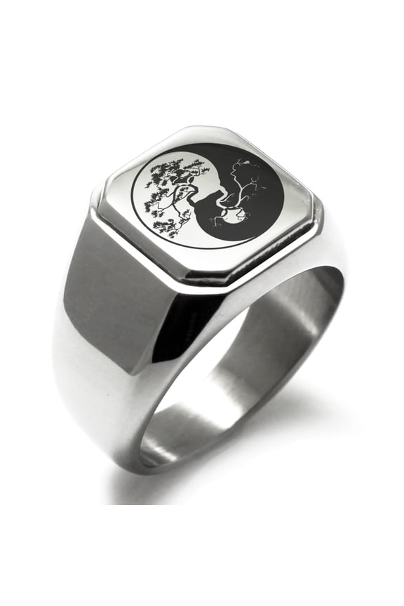 Stainless Steel Bonsai Tree Yin Yang Engraved Square Flat Top Biker Style Polished Signet Ring