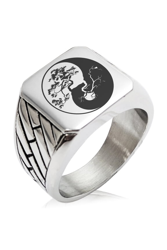 Stainless Steel Bonsai Tree Yin Yang Geometric Pattern Biker Style Polished Ring