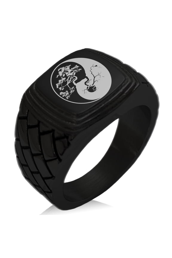 Stainless Steel Bonsai Tree Yin Yang Geometric Pattern Step-Down Biker Style Polished Ring