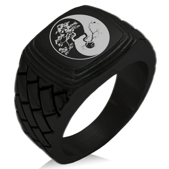 Stainless Steel Bonsai Tree Yin Yang Geometric Pattern Step-Down Biker Style Polished Ring