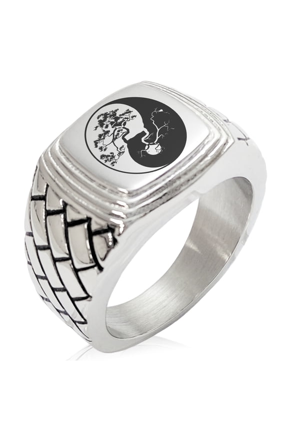 Stainless Steel Bonsai Tree Yin Yang Geometric Pattern Step-Down Biker Style Polished Ring