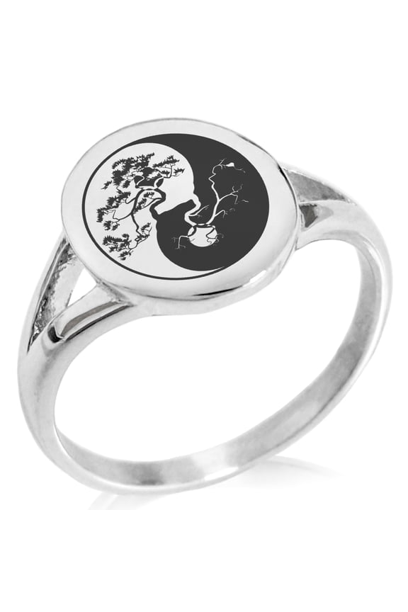 Stainless Steel Bonsai Tree Yin Yang Minimalist Oval Top Polished Statement Signet Ring