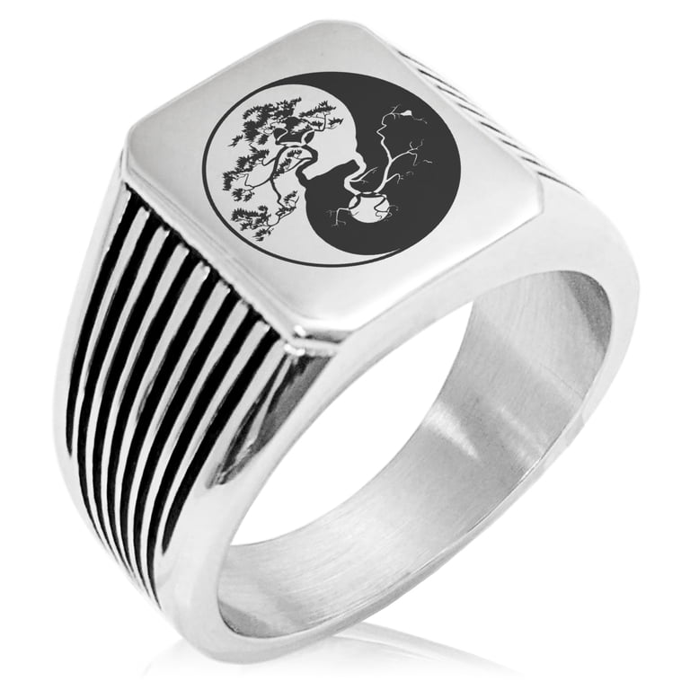 Stainless Steel Bonsai Tree Yin Yang Needle Stripe Pattern Biker Style  Polished Ring - Walmart.com