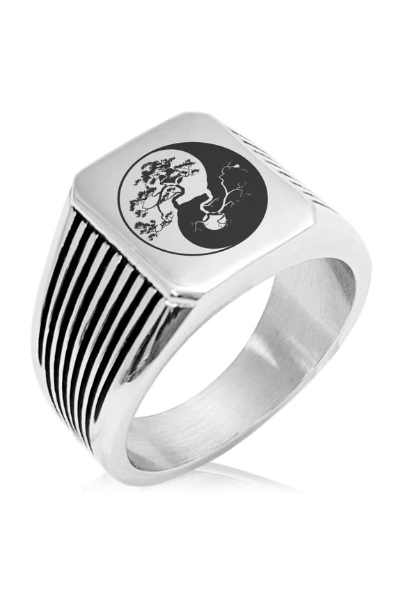 Stainless Steel Bonsai Tree Yin Yang Needle Stripe Pattern Biker Style Polished Ring