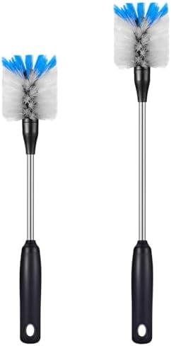 Stainless Steel Bottle Brush with Replaceable Head, 2 Pack Long Handle Scrubbing Brush for Water Bottles, Glasswares, Mugs, Flasks, Tumblers, Vases, and Kitchen Sink, 13 in - 15 in