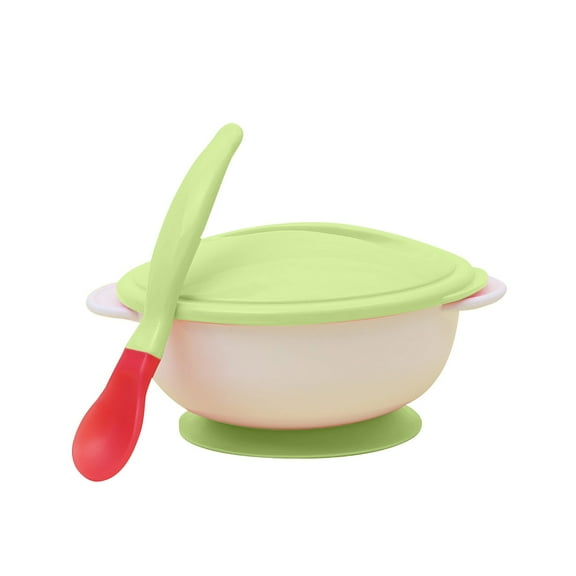 Stainless Steel Bowl, Ongmies Non Slip Temperature Sensitive Binaural Sippy Bowl Baby Sippy Bowl with Lid with Soft Head Spoon Training Bowl, Tableware, 1 Bowl, 1 Spoon