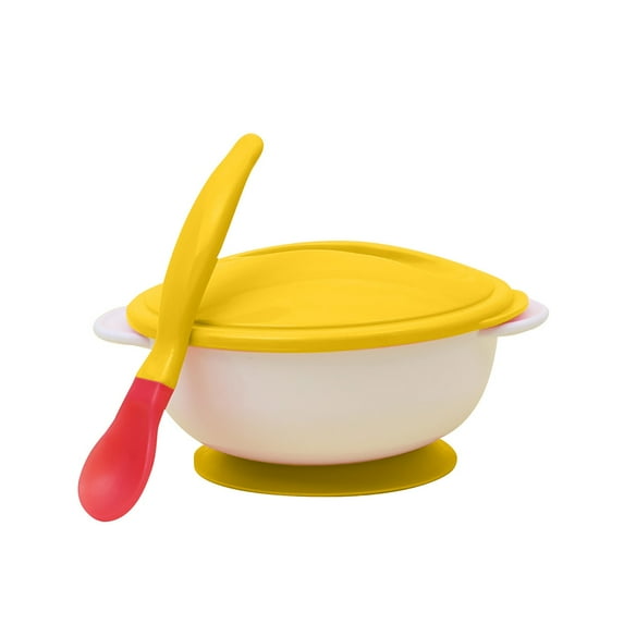 Stainless Steel Bowl, Ongmies Non Slip Temperature Sensitive Binaural Sippy Bowl Baby Sippy Bowl with Lid with Soft Head Spoon Training Bowl, Tableware, 1 Bowl, 1 Spoon