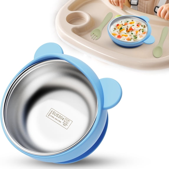 Stainless Steel Bowls with Suction, 2-in-1 Toddler Feeding Set SUS304 Non-Toxic | Unbreakable & Anti-Scald | Super Strong Suction Base | Dishwasher Safe | Perfect Gift - 1Pack,BLUE