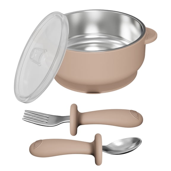 Stainless Steel Bowls with Suction,Silicone Feeding Bowl with Suction Cup, Stainless Steel Dinnerware Set with Spoon and Fork, Fall and Holiday-themedTableware, Non-slip, Easy to Clean for Use, Beige