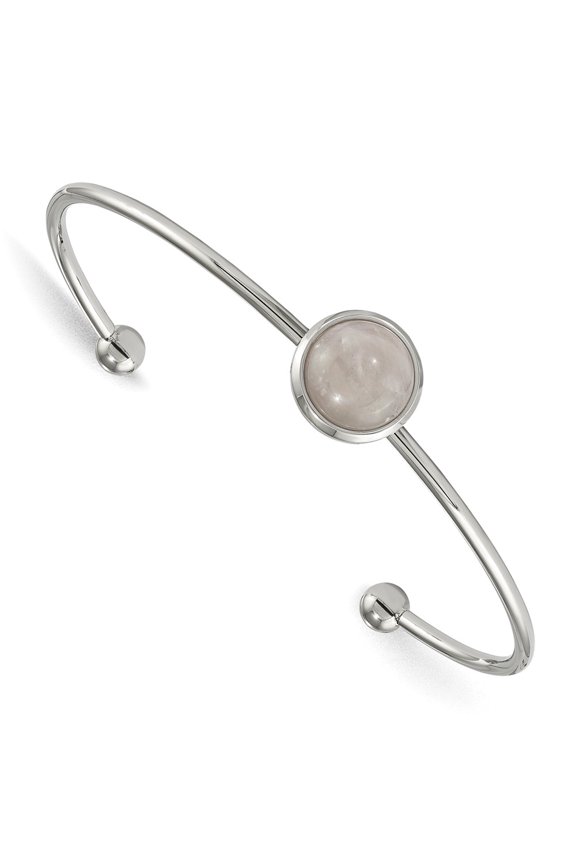 Stainless Steel Bracelet Bangle Women's Round 2 mm 6.75 in Chisel Polished with Rose Quartz Cuff