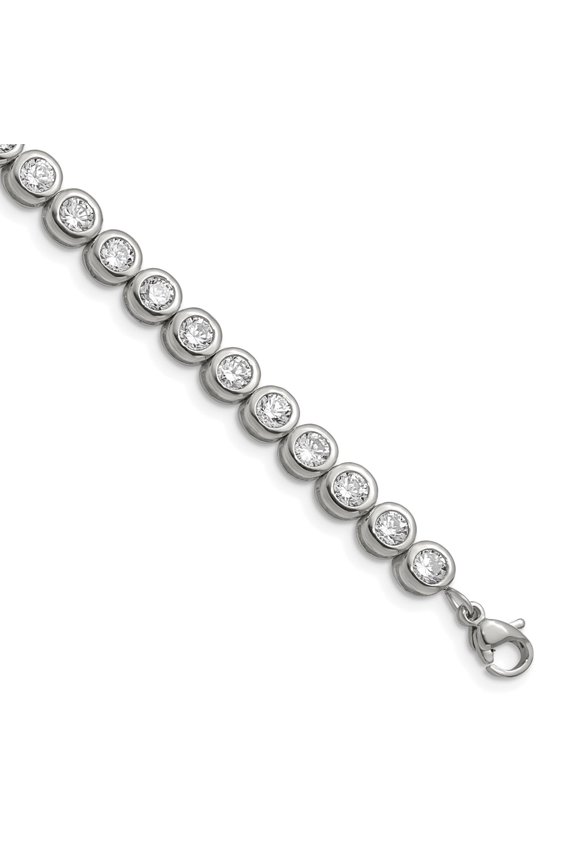Stainless Steel Bracelet CZ Link, Other Women's Cubic Zirconia 5.5 mm 7 in Chisel Polished Round Link with 1 Extension