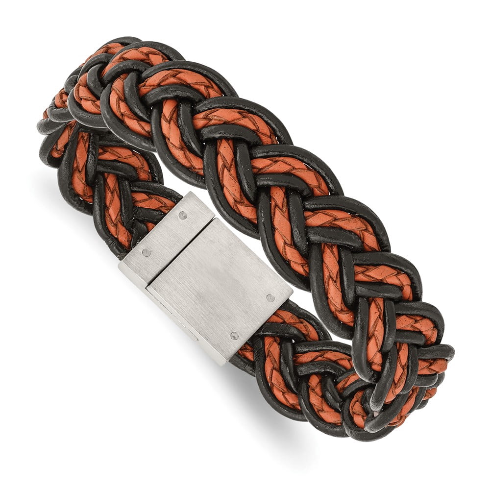 Stainless Steel Bracelet Contemporary Men's 17 mm 8.5 in Brushed Black and Orange Woven Leather 8.5in