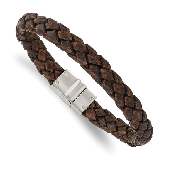 Stainless Steel Bracelet Cord, Leather & Rubber Men's 10 mm 8.75 in Chisel Polished Brown Woven