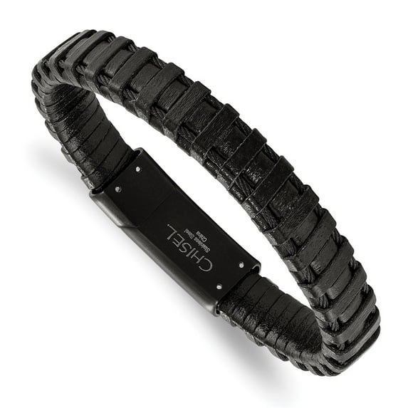 Stainless Steel Bracelet Cord, Leather & Rubber Men's 11.5 mm 8.5 in Chisel Polished Black IP-plated Cable and