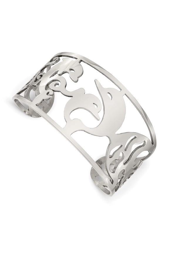 Stainless Steel Bracelet Cuff Women's 33 mm 7 in Chisel Polished Dolphins Bangle