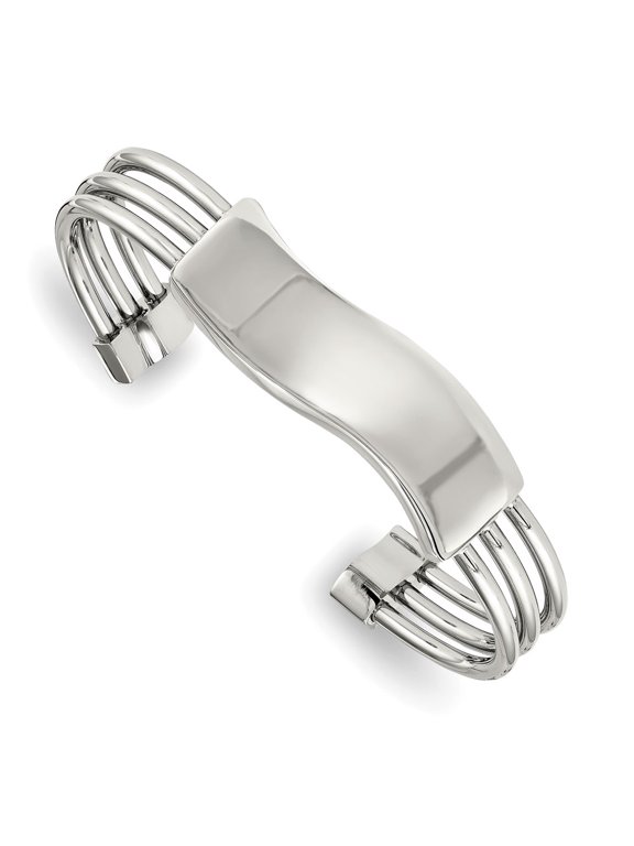 Stainless Steel Bracelet Cuff Women's 9.52 mm in Polished Waved ID Bangle