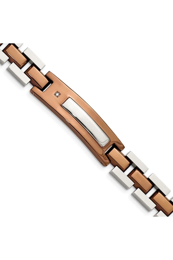 Stainless Steel Bracelet Diamond Link, Other Men's 11 mm 8.5 in Chisel Polished Brown IP-plated with .01 carat