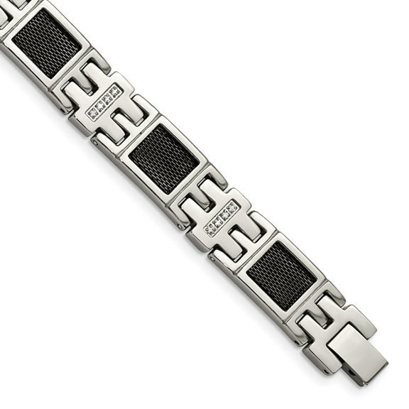 Stainless Steel Bracelet Diamond Link, Other Men's 11 mm 8.75 in Chisel Polished Black IP-plated Mesh with 1/3 carat