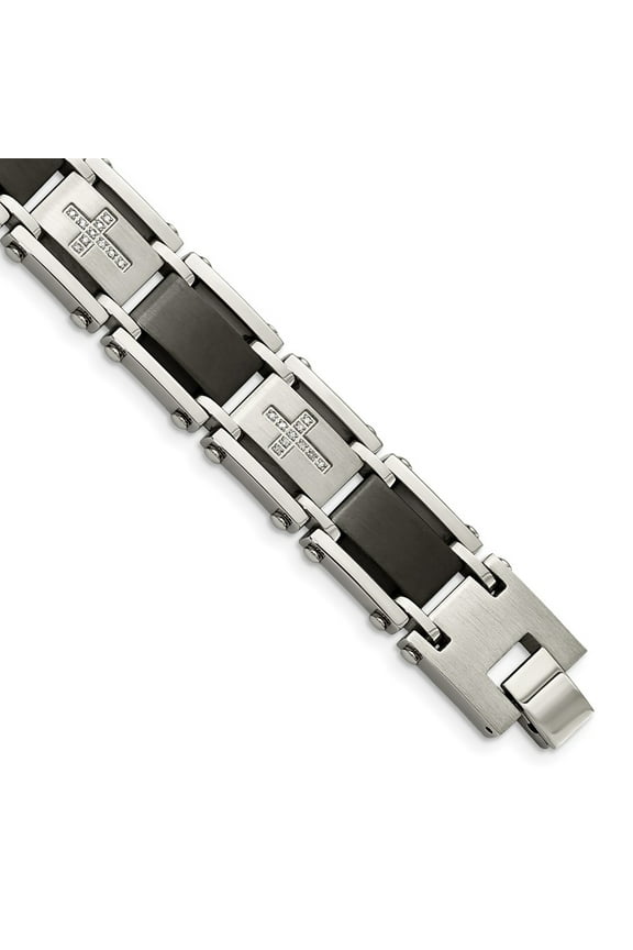 Stainless Steel Bracelet Diamond Link, Other Men's 19 mm 8.75 in Chisel Brushed and Polished Black IP-plated with 1/4 carat
