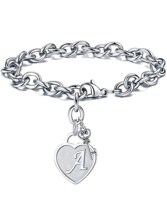 Stainless Steel Bracelet Engraved Initials on Heart & Key Charm Adjustable 7.5" Chain, Includes Charms