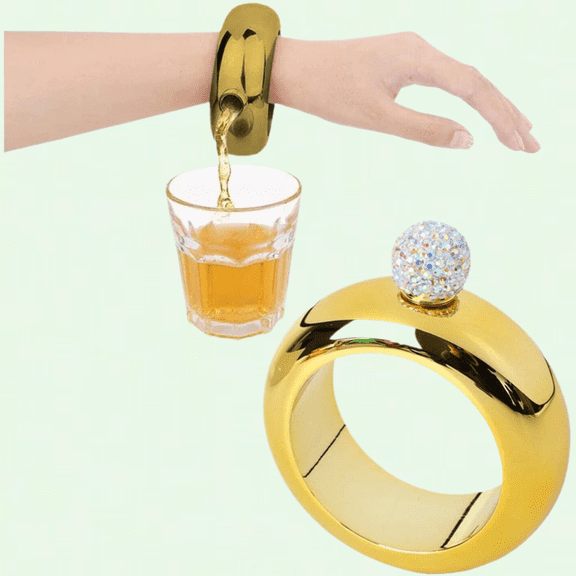Stainless Steel Bracelet Hip Flask, Crystal Lid, Portable, Gold, 1PC