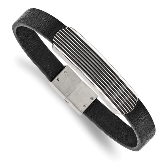 Stainless Steel Bracelet ID Leather Men's 9.96 mm 8.5 in Chisel Polished Enameled Striped Black