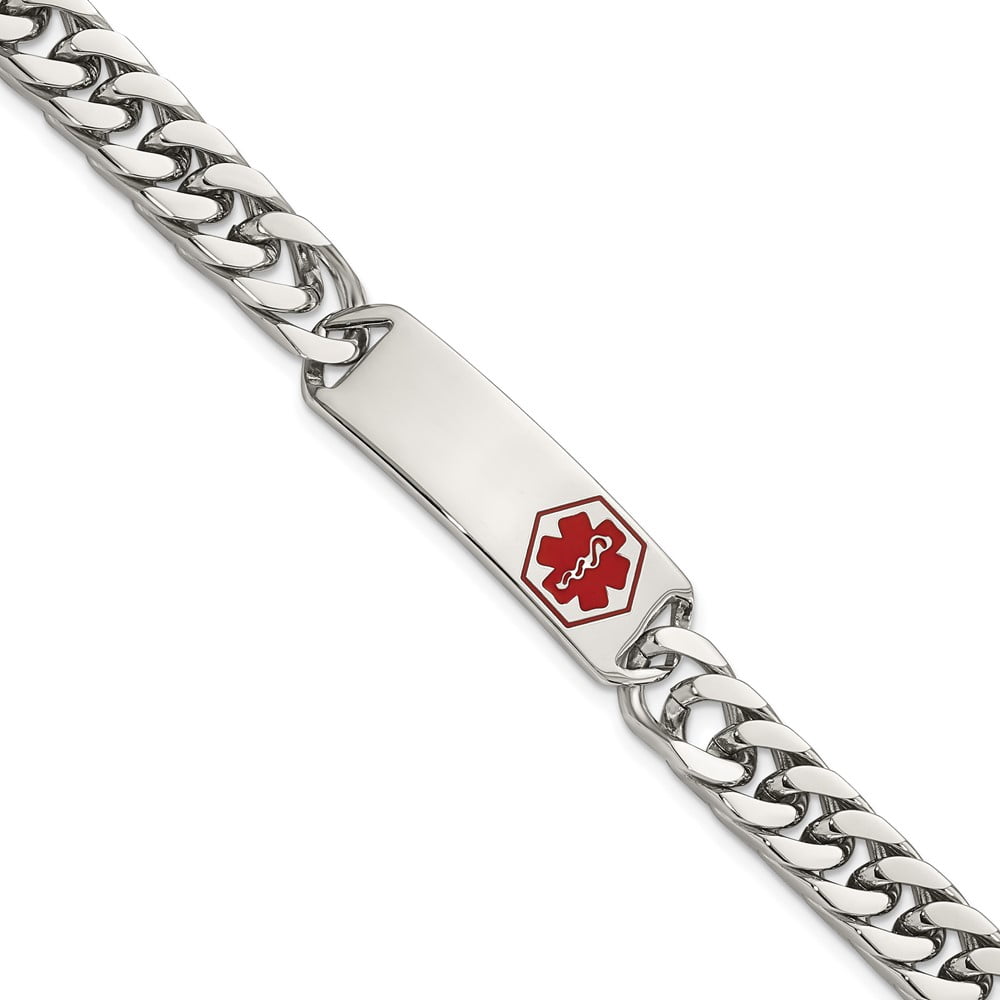 Stainless Steel Bracelet Medical Curb Men's 10.08 mm 8.5 in Chisel Polished with Red Enamel ID