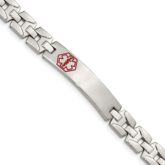 Stainless Steel Bracelet Medical Link, Other Men's 10 mm 8 in Chisel Brushed and Polished with Red Enamel ID Link