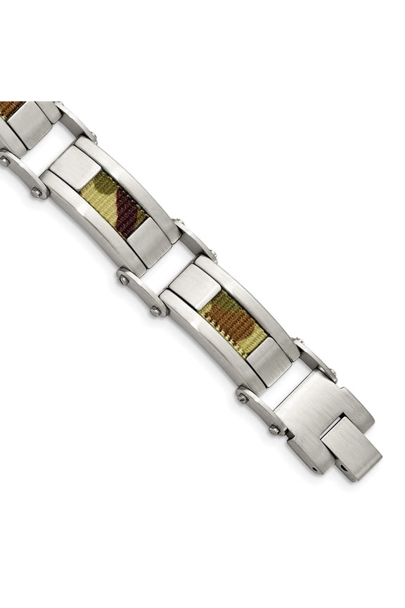 Stainless Steel Bracelet Men's 0.5 mm 8.5 in Brushed w/Brown Camo Fabric Inlay 8.5in
