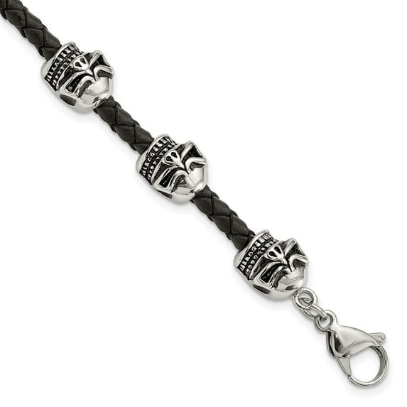 Stainless Steel Bracelet Men's Leather 5 mm 8.5 in Chisel Antiqued and Polished Skull Beads Black Braided