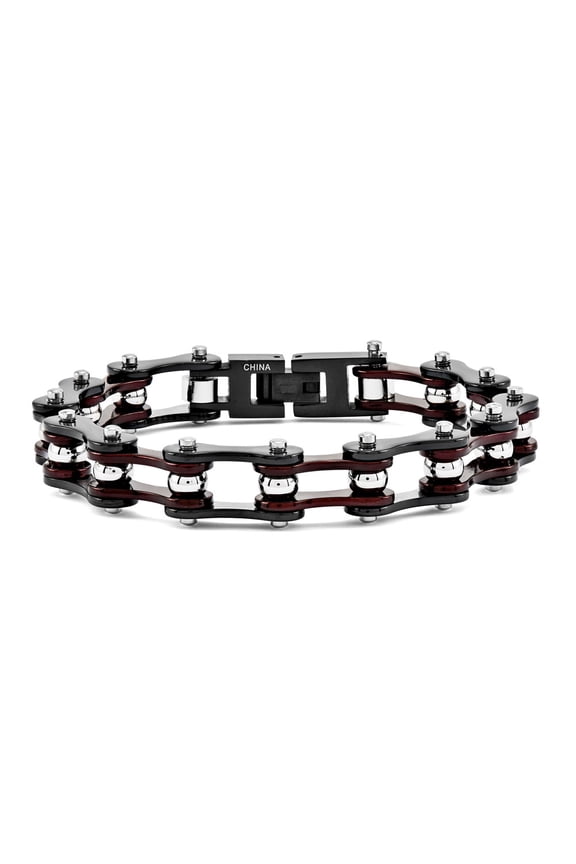 Stainless Steel Bracelet Men's mm 8.25 in w/Black IP & Red Ctr Bike Chain