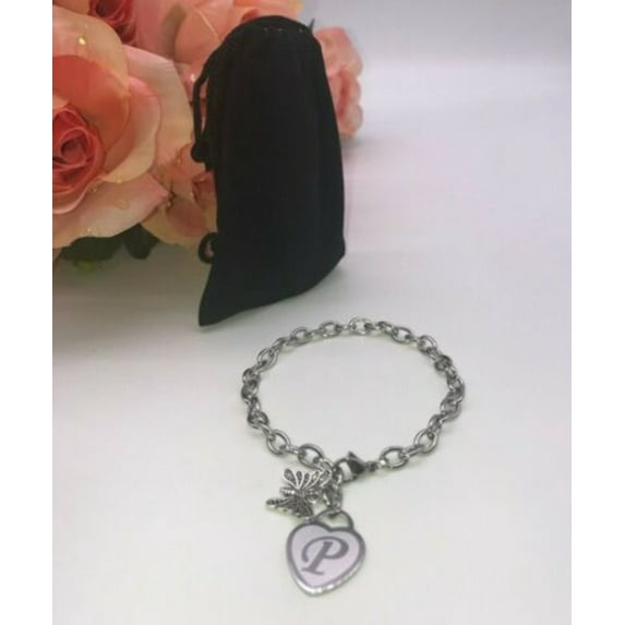 Stainless Steel Bracelet with Butterfly Charm and Engraved Initials on Heart (Silver)