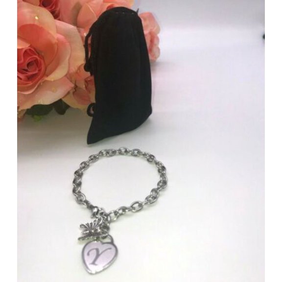 Stainless Steel Bracelet with Butterfly Charm  and Engraved Initials on Heart (Silver)